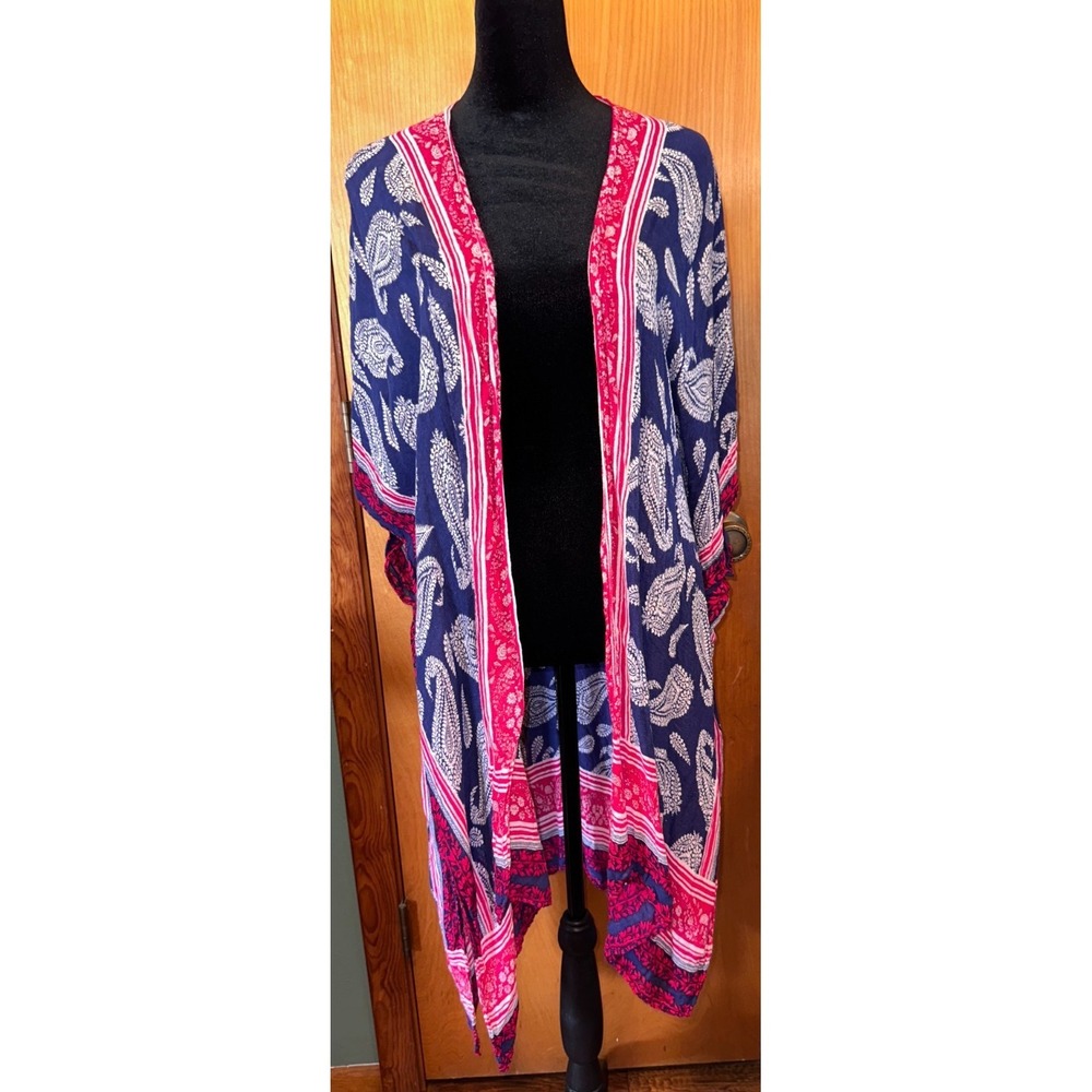Modena Paisley Tapestry Duster Kimono Cardigan Cover Up One Size Blue Red White